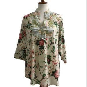 Antica Sartoria Mixed Floral Print 100% Cotton Embroidered Tunic Top L